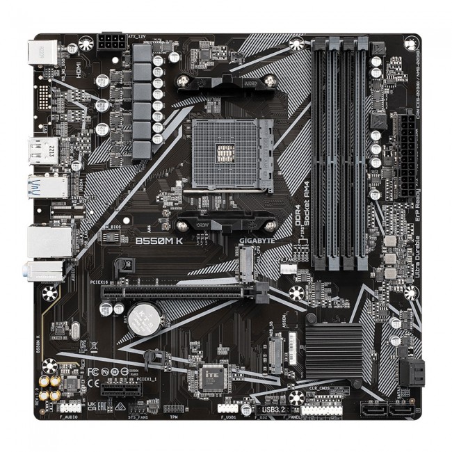 GIGABYTE B550M K Motherboard - AMD Ryzen 5000 CPUs, up to 4733MHz DDR4, 1xPCIe 4.0 + 1xPCIe 3.0 M.2, 1GbE LAN, USB 3.2 Gen 1