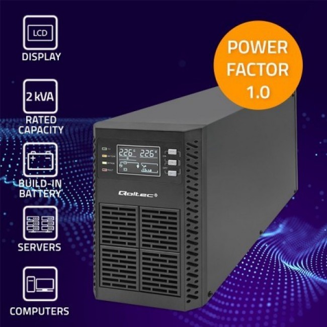 Qoltec 52281 uninterruptible power supply (UPS) Double-conversion (Online) 2 kVA 2000 W 3 AC outlet(s) Qoltec 52281 uninterruptible power supply (UPS) Double-conversion (Online) 2 kVA 2000 W 3 AC outlet(s)