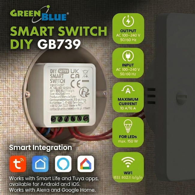 GreenBlue Flush-Mount WiFi Relay, Android/iOS/Alexa/Google Home, 100 240 V AC, 50/60 Hz, max. 16 A, for 150 W LEDs, GB739 GreenBlue Flush-Mount WiFi Relay, Android/iOS/Alexa/Google Home, 100 240 V AC, 50/60 Hz, max. 16 A, for 150 W LEDs, GB739