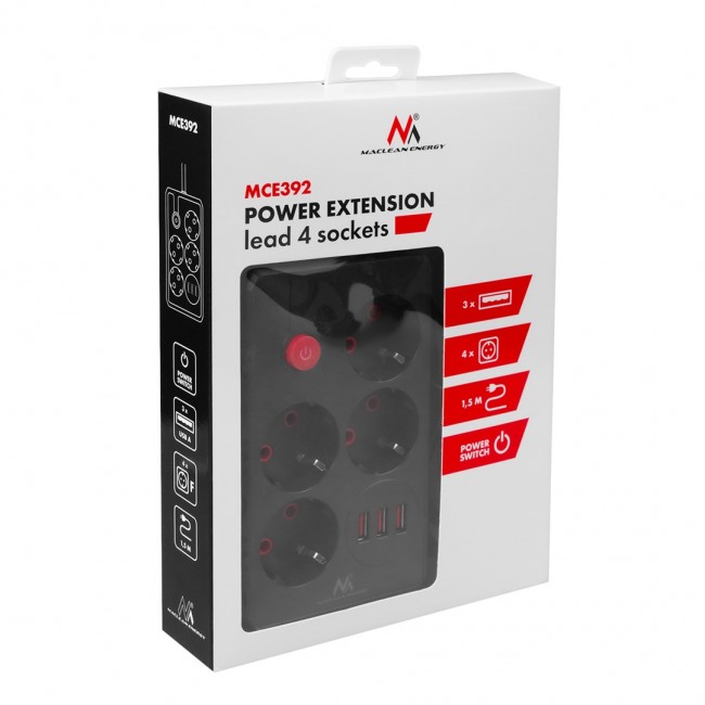 Maclean power strip, 4-socket extension cable + 3xUSB, 110-240V AC 50/60Hz, 2.1A max 2500W, 1.5m, black, MCE392 B Maclean power strip, 4-socket extension cable + 3xUSB, 110-240V AC 50/60Hz, 2.1A max 2500W, 1.5m, black, MCE392 B