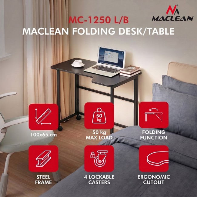 Maclean Folding Desk, Black, Mobile, 100x65 cm, max. 50 kg, Corner, L-Shaped, MC-1250 L/B