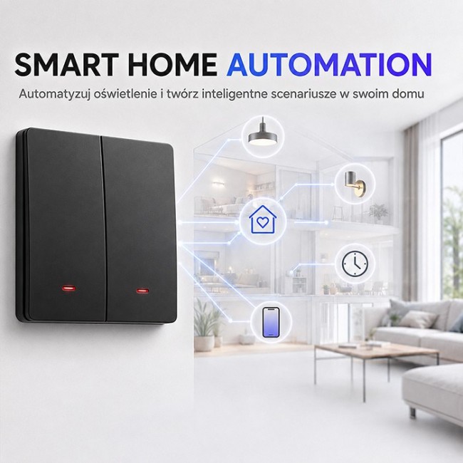 Qoltec 52708 Smart 2-Gang Light Switch | Wi-Fi | Timer | Tuya | Smart life | Black