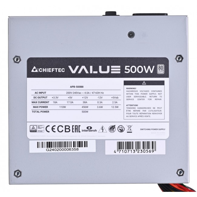 Chieftec Value APB-500B8 power supply unit 500 W 20+4 pin ATX ATX Silver Chieftec Value APB-500B8 power supply unit 500 W 20+4 pin ATX ATX Silver