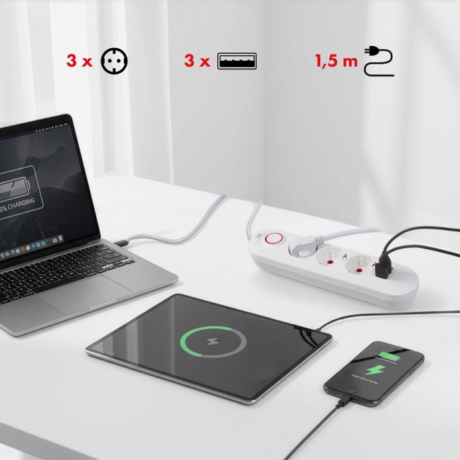 Maclean power strip, 3 socket extension + 3xUSB, 110-240V AC 50/60Hz, 2.1A max 2500W, 1.5m, white, MCE394 W Maclean power strip, 3 socket extension + 3xUSB, 110-240V AC 50/60Hz, 2.1A max 2500W, 1.5m, white, MCE394 W