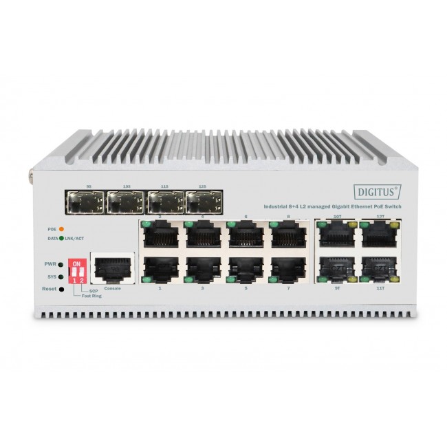 Digitus 8 port Gigabit Ethernet network PoE switch, industrial, L2 managed, 4 SFP uplink