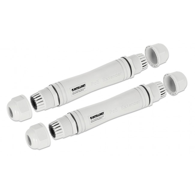 Intellinet Ultra Long Range Outdoor Fast Ethernet PoE+ Extender Kit Extends PoE up to 1000 m (3280 ft.), One PD Port up to 95 W, IEEE 802.3bt (4PPoE) Compatible, IP67 Waterproof and Dustproof, Set of Two Modules, Plastic, Gray