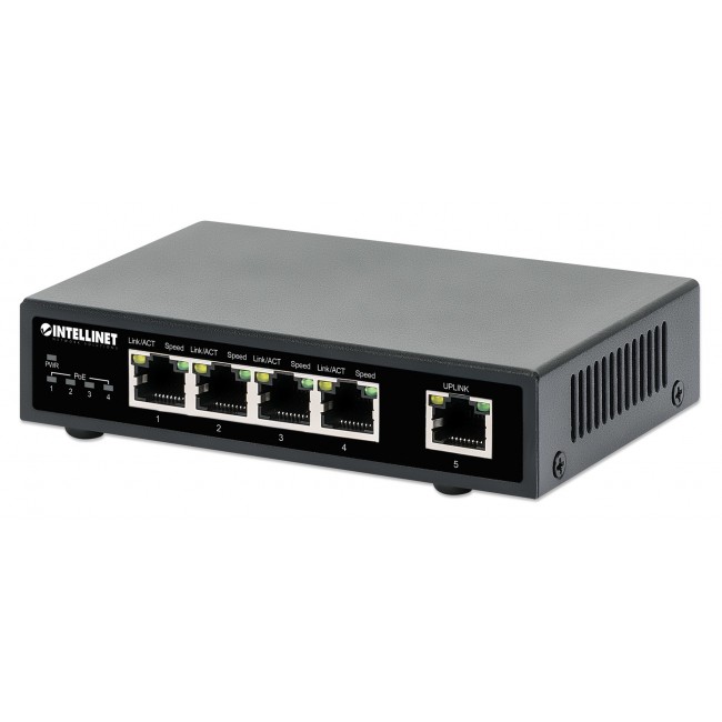 Intellinet 5-Port Gigabit Ethernet PoE+ Switch, Four PSE PoE Ports, IEEE 802.3at/af (PoE+/PoE) Compliant, PoE Power Budget up to 62 W, Desktop Format