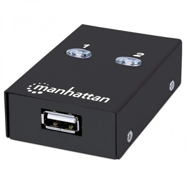 Manhattan USB-A Automatic Sharing Switch, 2x USB-B Ports, 480 Mbps (USB 2.0), Dual Control (Auto-Sensing or Manual), Bus Powered, Hi-Speed USB, inc 1x 1.5m USB-A to USB-B cable, Black, Three Year Warranty Manhattan USB-A Automatic Sharing Switch, 2x USB-B Ports, 480 Mbps (USB 2.0), Dual Control (Auto-Sensing or Manual), Bus Powered, Hi-Speed USB, inc 1x 1.5m USB-A to USB-B cable, Black, Three Year Warranty