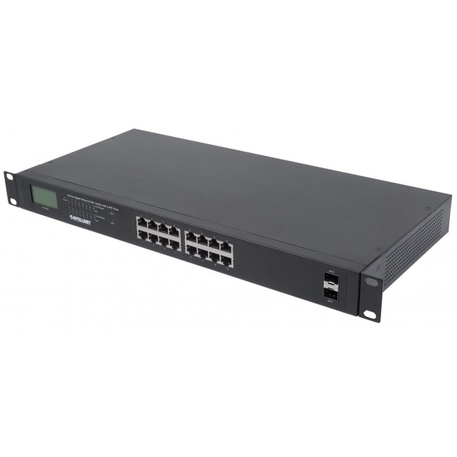 Intellinet 16-Port Gigabit Ethernet PoE+ Switch with 2 SFP Ports, LCD Display, IEEE 802.3at/af Power over Ethernet (PoE+/PoE) Compliant, 370 W, Endspan, 19 Intellinet 16-Port Gigabit Ethernet PoE+ Switch with 2 SFP Ports, LCD Display, IEEE 802.3at/af Power over Ethernet (PoE+/PoE) Compliant, 370 W, Endspan, 19