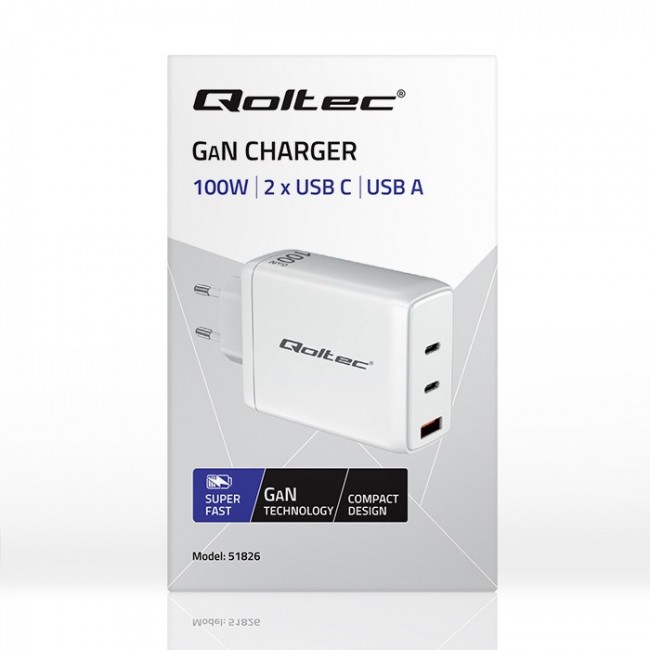 Qoltec 100W GaN Wall Charger | 5-20V | 1.5-5A | 2 x USB-C PD | 1 x USB QC 3.0 | White