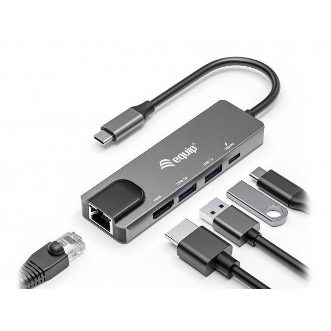 Equip USB-C 5 in1 Multifunction Adapter, HDMI, Gigabit LAN, USB 3.2 GEN1, 100W USB PD Equip USB-C 5 in1 Multifunction Adapter, HDMI, Gigabit LAN, USB 3.2 GEN1, 100W USB PD
