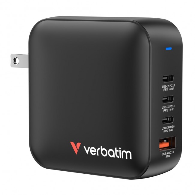 Verbatim Mini GaN Charger 165W 4 Port US plug with EU and UK adaptors Verbatim Mini GaN Charger 165W 4 Port US plug with EU and UK adaptors