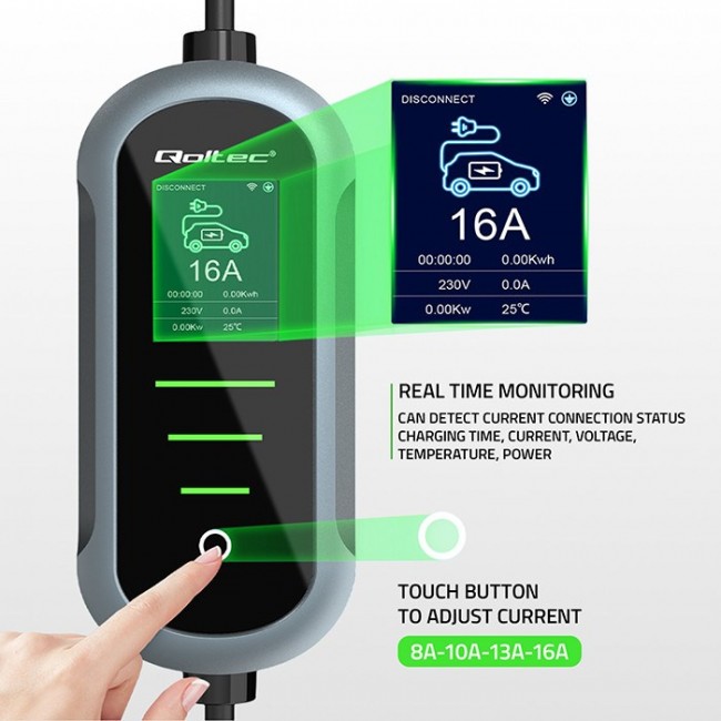 Qoltec Mobilna adowarka do samochodu elektrycznego EV i hybryd z regulacją 2w1 Typ2 | 11kW | 400V | CEE 16A | Wi-fi | TUYA | SMART LIFE | LCD | Przeno na | Wallbox | 5m