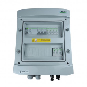 Switchgear attached DCAC hermetic IP65 EMITTER with Noark 1000V type 2 DC surge arrester, 1 x PV string, 1 x MPPT // og. AC Noark Type 2, 10A 3-F, RCD Type A 40A/300mA