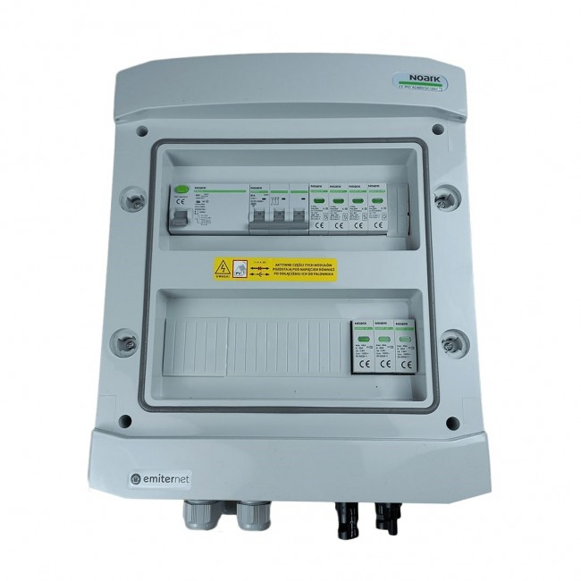 Switchgear attached DCAC hermetic IP65 EMITTER with Noark 1000V type 2 DC surge arrester, 1 x PV string, 1 x MPPT // og. AC Noark Type 2, 10A 3-F, RCD Type A 40A/300mA