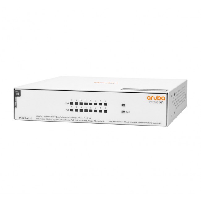 Aruba Instant On 1430 8G Class4 PoE 64W Unmanaged L2 Gigabit Ethernet (10/100/1000) Power over Ethernet (PoE) White