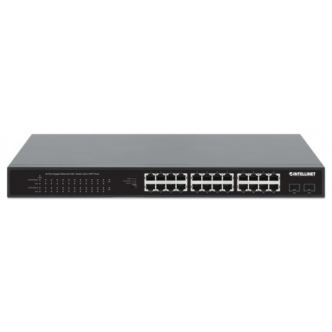 Intellinet 24-Port Gigabit Ethernet PoE+ Switch with 2 SFP Ports IEEE 802.3at/af (PoE+/PoE) Compliant, PoE Power Budget of 370 W, Two 1G SFP Open Slots, 19 Intellinet 24-Port Gigabit Ethernet PoE+ Switch with 2 SFP Ports IEEE 802.3at/af (PoE+/PoE) Compliant, PoE Power Budget of 370 W, Two 1G SFP Open Slots, 19