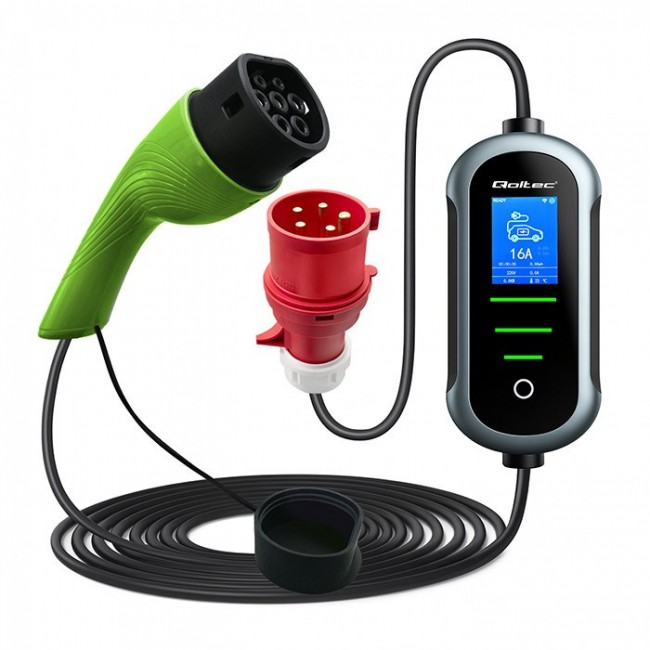 Qoltec Mobilna adowarka do samochodu elektrycznego EV i hybryd z regulacją 2w1 Typ2 | 11kW | 400V | CEE 16A | Wi-fi | TUYA | SMART LIFE | LCD | Przeno na | Wallbox | 5m