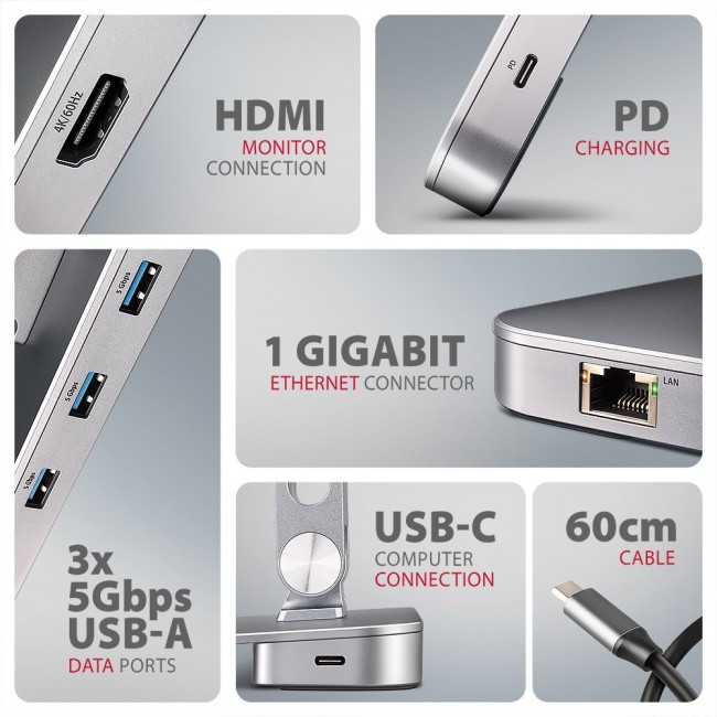 Axagon HMC-STND USB-C 5Gbps ALUMINUM STAND & HUB 7in1