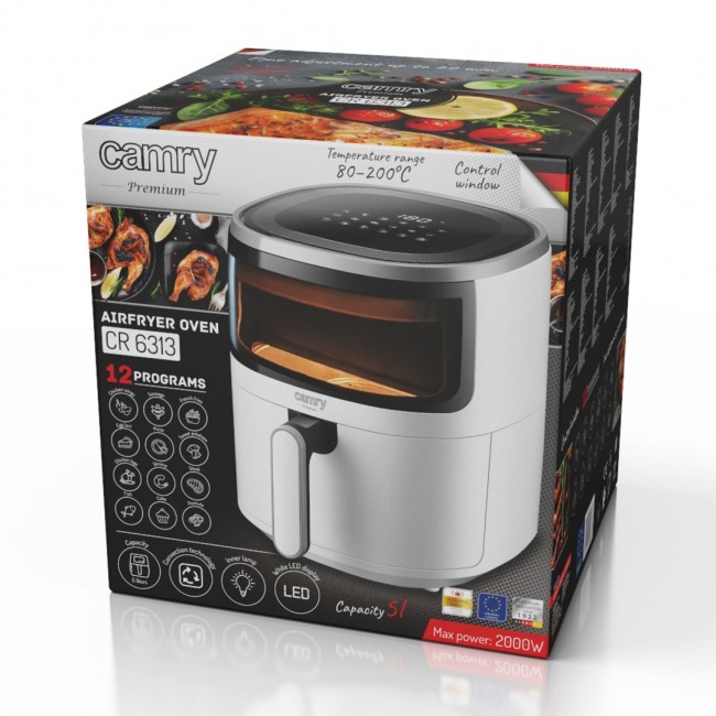 Camry Premium CR 6313 fryer Single 5 L Stand-alone 2000 W Hot air fryer White, Black Camry Premium CR 6313 fryer Single 5 L Stand-alone 2000 W Hot air fryer White, Black