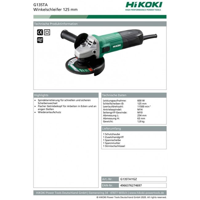 Hikoki G13STA angle grinder 1.8 kg