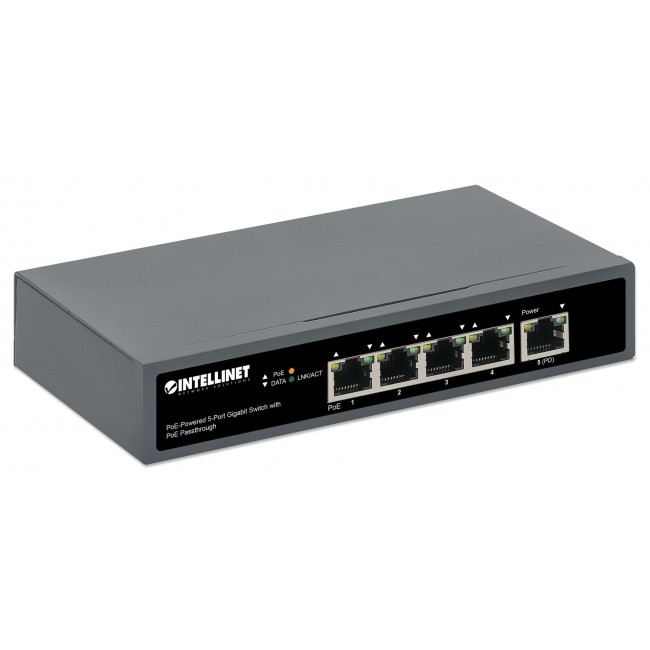 Intellinet 5-Port Gigabit Switch with PoE Passthrough, One IEEE 802.3bt (PoE++ / 4PPoE) PD PoE Port with 95 W Power Input, Four PSE PoE ports, PoE Power Budget up to 65 W, IEEE 802.3at/af Compliant Output, Desktop, Wall-mount Option