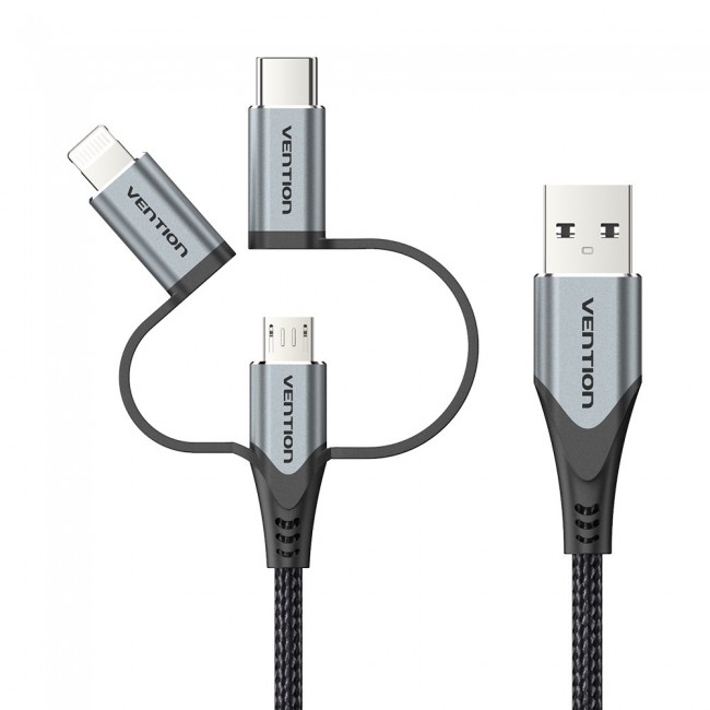 Vention USB 2.0 A Male to 3-in-1 Micro-B&USB-C&Lightning Male Cable 1M Gray Aluminum Alloy Type Vention USB 2.0 A Male to 3-in-1 Micro-B&USB-C&Lightning Male Cable 1M Gray Aluminum Alloy Type