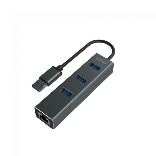 Savio AK-57 USB-A - 3 x USB-A HUB with RJ-45 Gigabit Ethernet adapter 5000 Mbit/s grey USB 3.2 Gen 1 (3.1 Gen 1) Micro-B 5000 Mbit/s