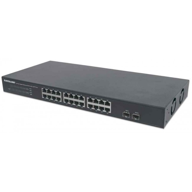 Intellinet 24-Port Gigabit Ethernet Switch with 2 SFP Ports, 24 x 10/100/1000 Mbps RJ45 Ports + 2 x SFP, IEEE 802.3az (Energy Efficient Ethernet), 19