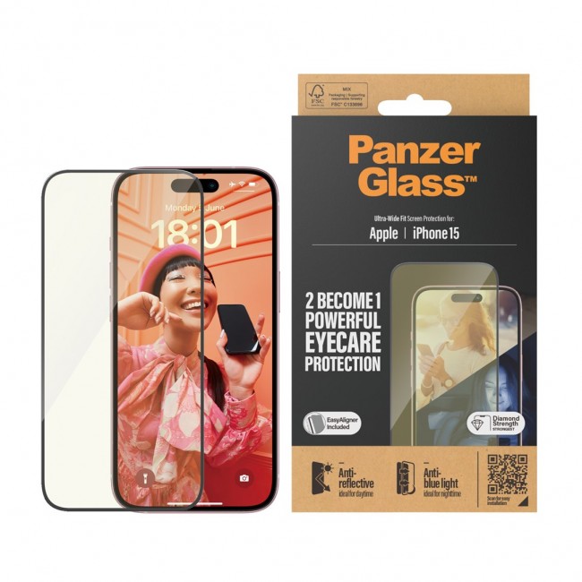 PanzerGlass Eyecare Screen Protection iPhone 15 | Ultra-Wide Fit w. EasyAligner Clear screen protector Apple 1 pc(s)