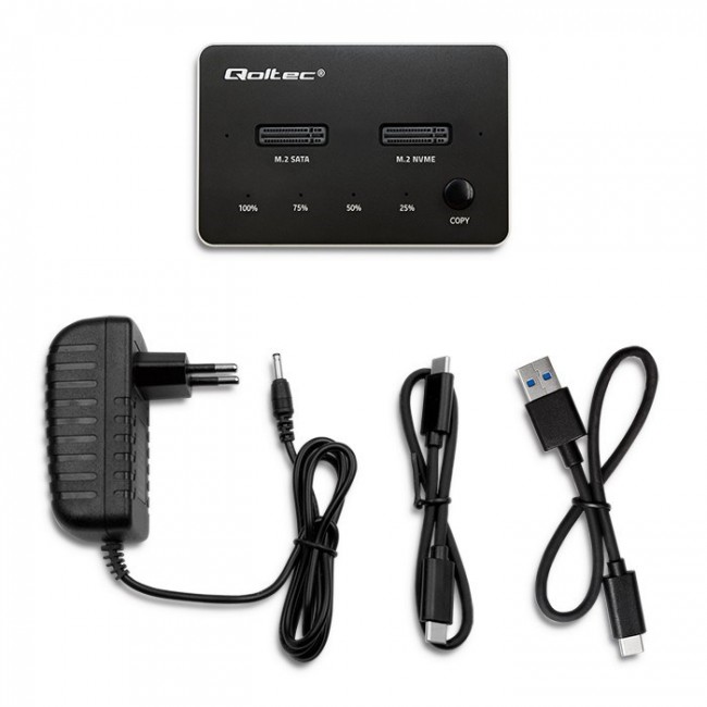 Qoltec M.2 SSD Docking Station | NVMe| SATA | USB-C | DUAL 2 x 2TB