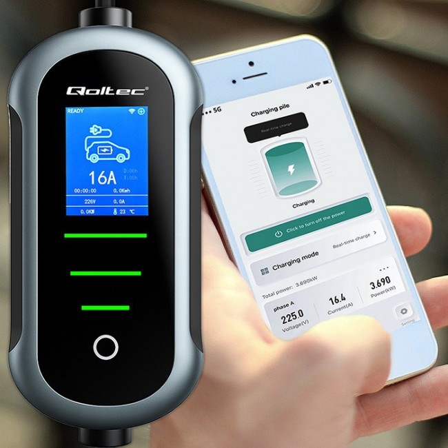 Qoltec Mobilna adowarka do samochodu elektrycznego EV i hybryd z regulacją 2w1 Typ2 | 7kW | 230V | CEE 32A | Wi-fi | TUYA | SMART LIFE | LCD | Przeno na | Wallbox | 5m