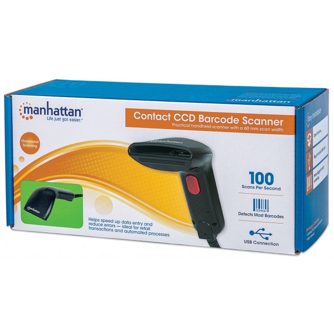 Manhattan Contact CCD Handheld Barcode Scanner, USB, 60mm Scan Width, Cable 152cm, Max Ambient Light 5,000 lux (sunlight), Black, Three Year Warranty