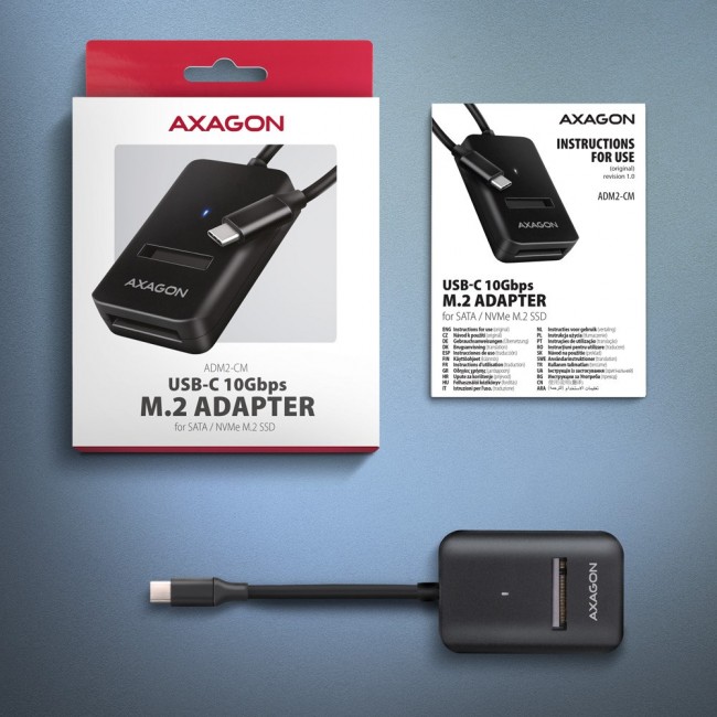 Axagon ADM2-CM USB-C 10Gbps - M.2 NVMe & SATA SSD adapter, 10cm USB-C cable