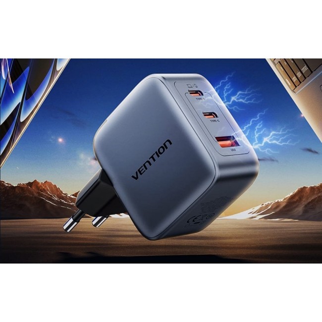 Vention 70W GaN PD Charger 1x USB-A 2x USB-C BK Vention 70W GaN PD Charger 1x USB-A 2x USB-C BK