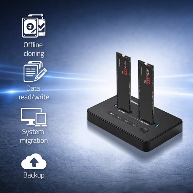 Qoltec 52366 M.2 NVMe SSD Docking Station | PCIe | USB-C | 20 Gb/s | DUAL 2 x 8TB | Offline cloning