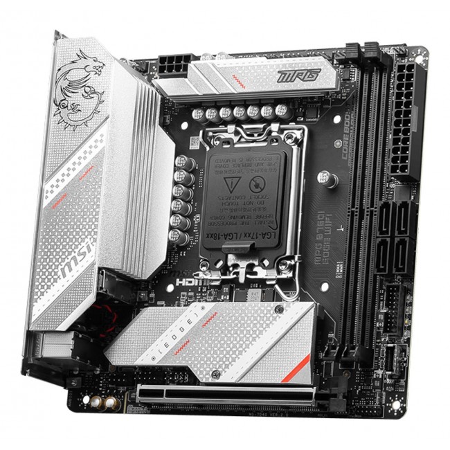 MSI | MPG B760I EDGE WIFI | Processor family Intel | Processor socket LGA1700 | DDR5 DIMM | Memory slots 2 | Supported hard disk drive interfaces SATA, M.2 | Number of SATA connectors 4 | Chipset Intel B760 | Mini-ITX