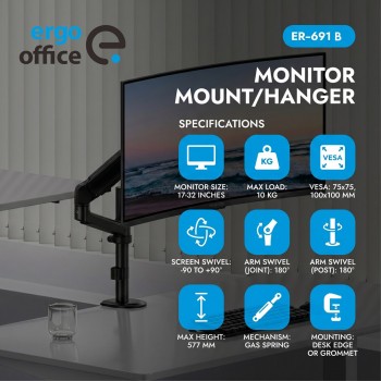 Ergo Office Monitor Mount/Hanger, Gas Spring, 17