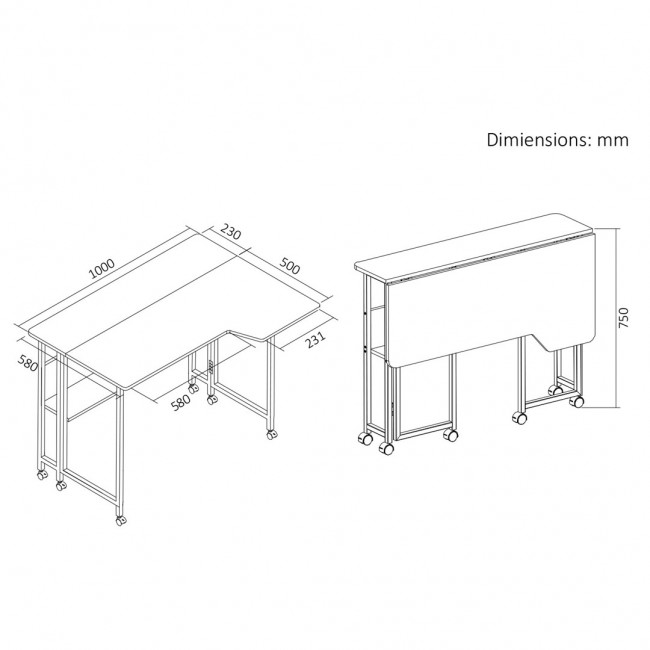 Maclean Folding Desk/Table, Black, Mobile, 100x73 cm, max. 50 kg, Angled, L-Shaped, MC-126 L/B