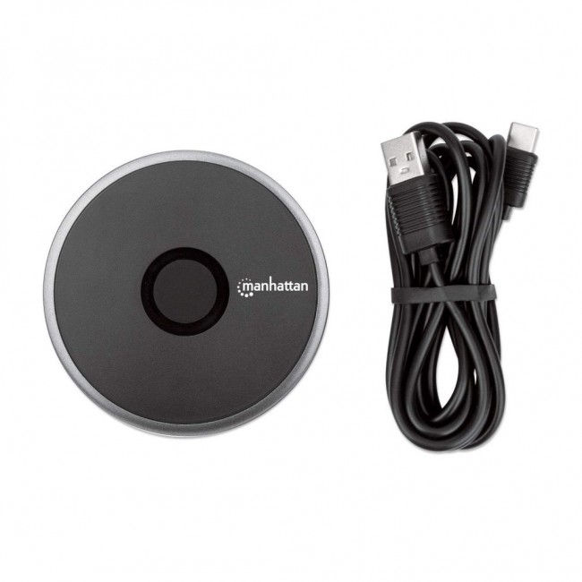 Manhattan Smartphone Wireless Charging Pad, QI certified, 10W, 7.5W and 5W charging, USB-C to USB-A cable included, USB-C input into pad, Cable 1.5m, Black, Three Year Warranty, Boxed Manhattan Smartphone Wireless Charging Pad, QI certified, 10W, 7.5W and 5W charging, USB-C to USB-A cable included, USB-C input into pad, Cable 1.5m, Black, Three Year Warranty, Boxed