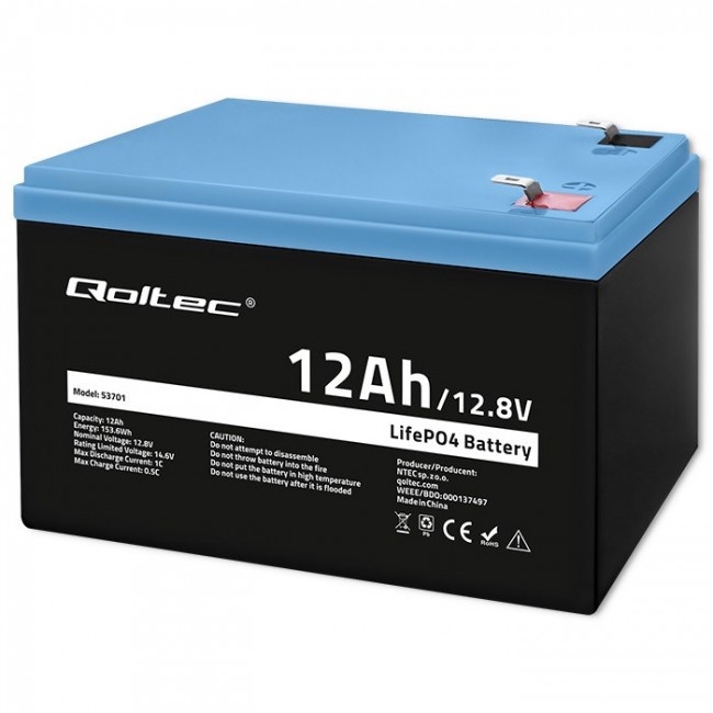 Qoltec LiFePO4 Lithium-Iron-Phosphate Battery 12.8V 12Ah 153.6Wh with BMS Qoltec LiFePO4 Lithium-Iron-Phosphate Battery 12.8V 12Ah 153.6Wh with BMS
