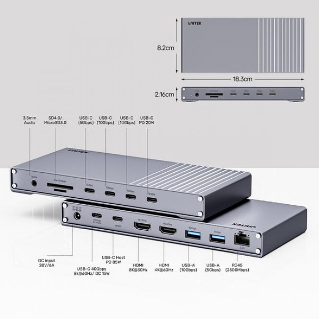 UNITEK D1117AGY01-EU laptop dock/port replicator Wired & Wireless USB4 Grey UNITEK D1117AGY01-EU laptop dock/port replicator Wired & Wireless USB4 Grey