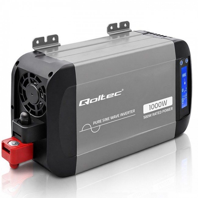 Qoltec Przetwornica napięcia Pure Sine Wave | 12V na 230V | 500/1000W | LCD | USB | USB-C | Kompatibilno z LiFePo4 GEL AGM