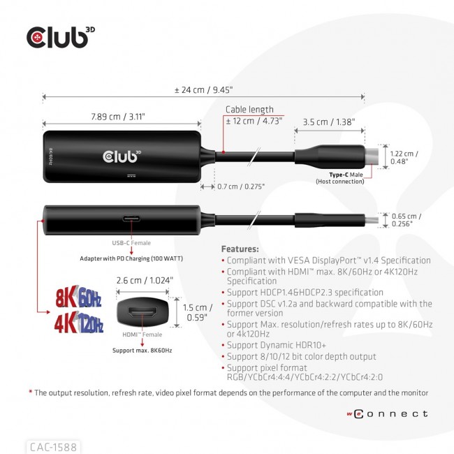 CLUB3D USB Gen2 Type-C to HDMI 8K60Hz or 4K120Hz HDR10+ with DSC1.2 with Power Delivery 3.0 Active Adapter M/F