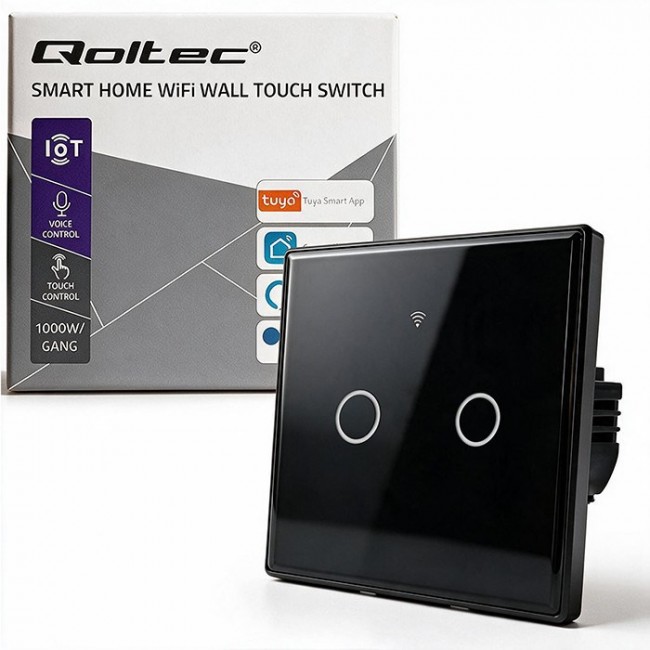 Qoltec 52712 Smart Touch 2-Gang Light Switch | Wi-Fi | Timer | Tuya | Smart Life | Tempered Glass | Black