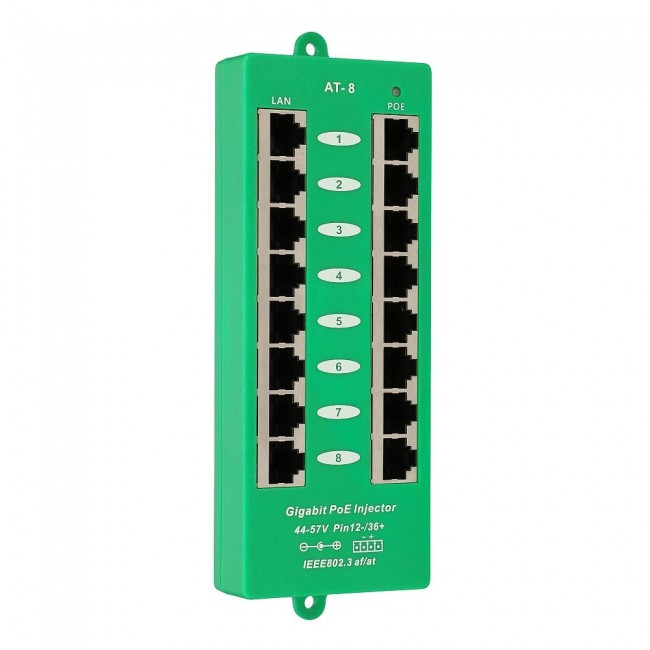 Extralink Gigabit PoE Injector 8 Port Active, 8 ports Gigabit 802.3at/af, Mode A