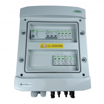 Switchgear attached DCAC hermetic IP65 EMITTER with Noark 1000V type 2 DC surge arrester, 2 x PV string, 2 x MPPT // og. AC Noark Type 2, 10A 3-F, RCD Type A 40A/300mA