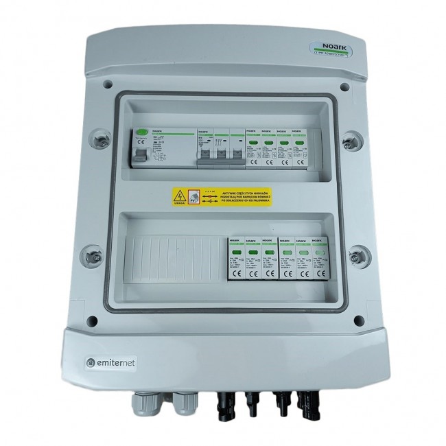 Switchgear attached DCAC hermetic IP65 EMITTER with Noark 1000V type 2 DC surge arrester, 2 x PV string, 2 x MPPT // og. AC Noark Type 2, 10A 3-F, RCD Type A 40A/300mA
