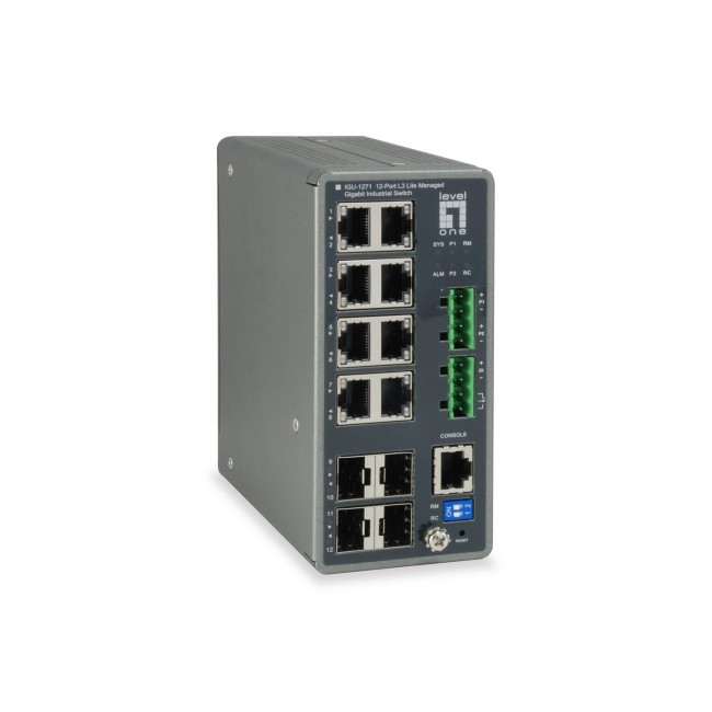 LevelOne TURING 12-Port L3 Lite Managed Gigabit Industrial Switch, 4 x SFP, DIN-Rail, -40 C to 75 C