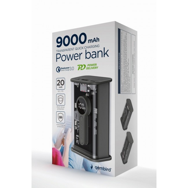Gembird PB09-TQC3-01 power bank Lithium Polymer (LiPo) 9000 mAh Black, Transparent Gembird PB09-TQC3-01 power bank Lithium Polymer (LiPo) 9000 mAh Black, Transparent